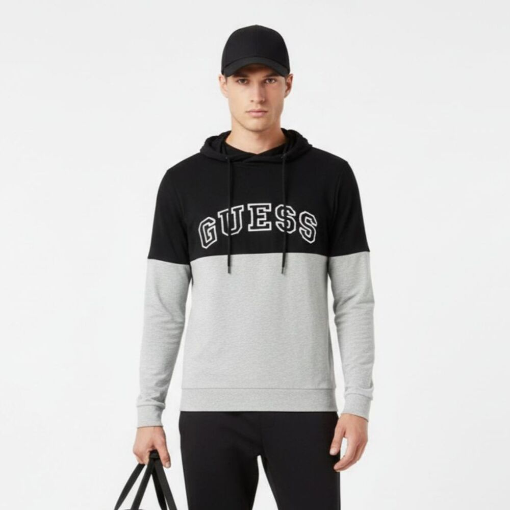 Guess Black & Gray Logo Long Sleeve Button Neck Hoodie Sweatshirt L